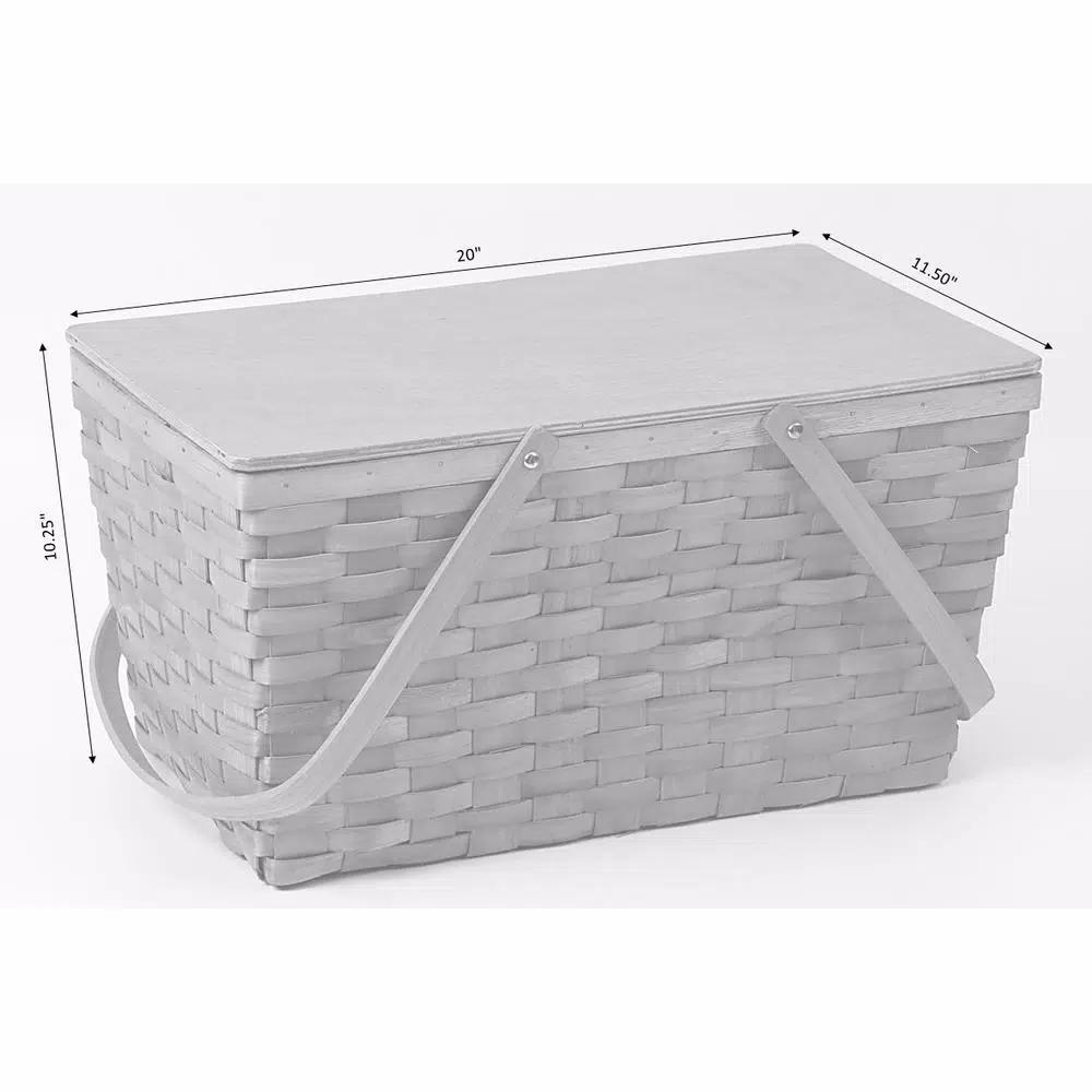 Vintiquewise Large Handwoven Woodchip Picnic Basket with Wooden Lid and White Lining