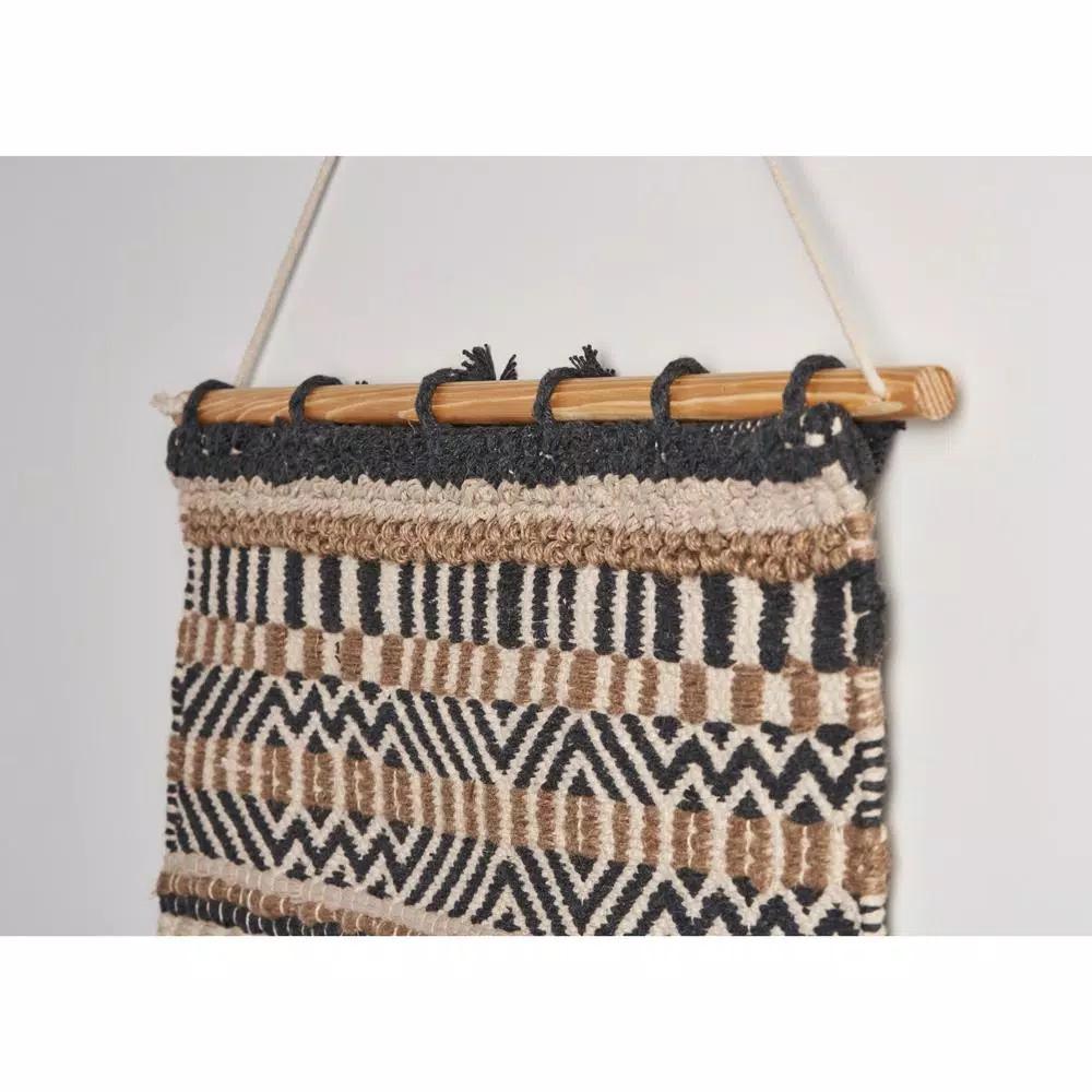 LR Home Trellis Beige and Charcoal Geometric Braided Fringed Wall Tapestry