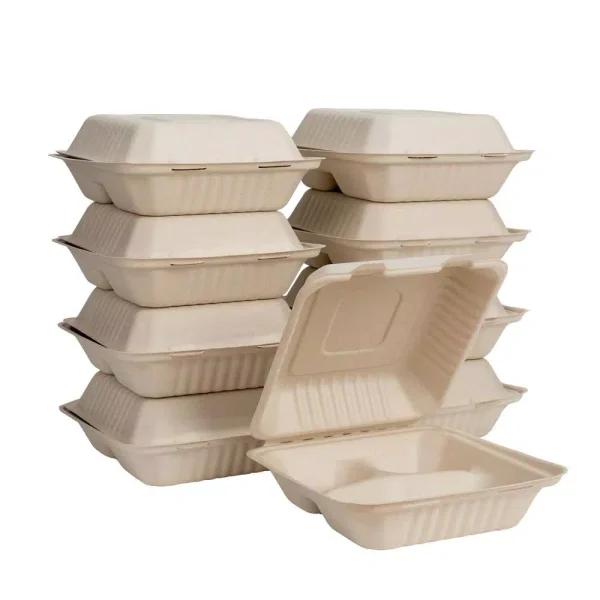 Unbranded 8 in. Natural Sugarcane 3-Compartment Sectional Clamshell Containers, 300 Pack