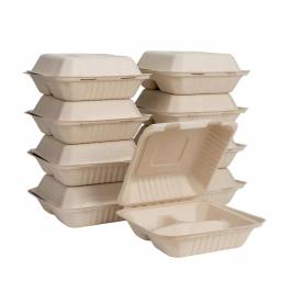 Unbranded 8 in. Natural Sugarcane 3-Compartment Sectional Clamshell Containers, 300 Pack thumbnail 1