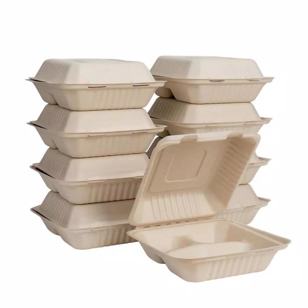 Unbranded 8 in. Natural Sugarcane 3-Compartment Sectional Clamshell Containers, 300 Pack