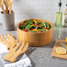 Classic Cuisine 10.25 in. Round Bamboo Salad Bowl Set with Two Utensils thumbnail 8