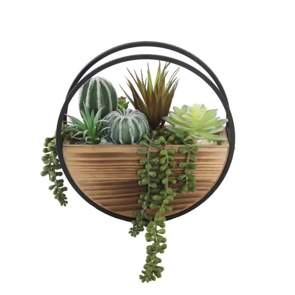 Flora Bunda 11 in. Round Wood and Metal Faux Succulent Wall Hanging Planter