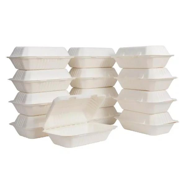 Unbranded 9 in. White Sugarcane Clamshell Containers, Biodegradable & Compostable (300 Pack)