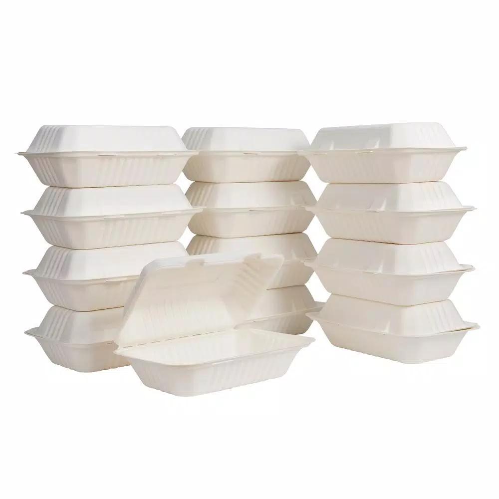 Unbranded 9 in. White Sugarcane Clamshell Containers, Biodegradable & Compostable (300 Pack)