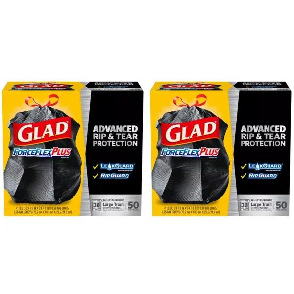Glad ForceFlexPlus 30 Gallon Black Drawstring Large Outdoor Trash Bags, 50-Count (2-Pack)