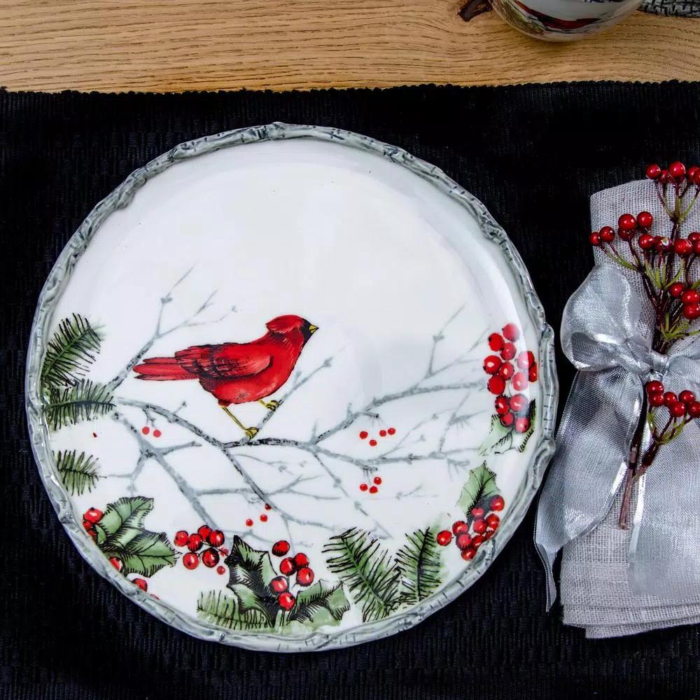 Home Essentials 12" Cardinal Holly Round Ceramic Serving Platter for Christmas