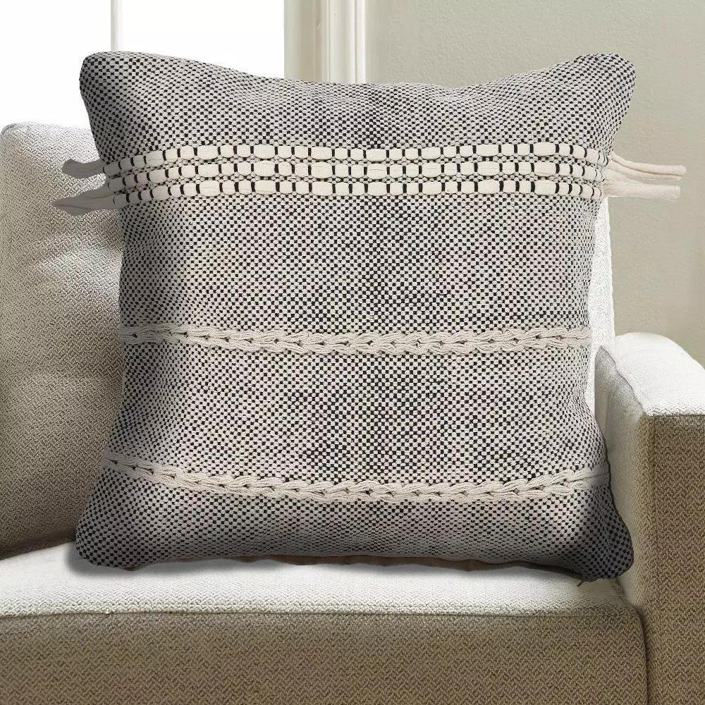 LR Resources Zanthia Black and Natural Striped Hypoallergenic 100% Cotton 20 in. x 20 in. Throw Pillow