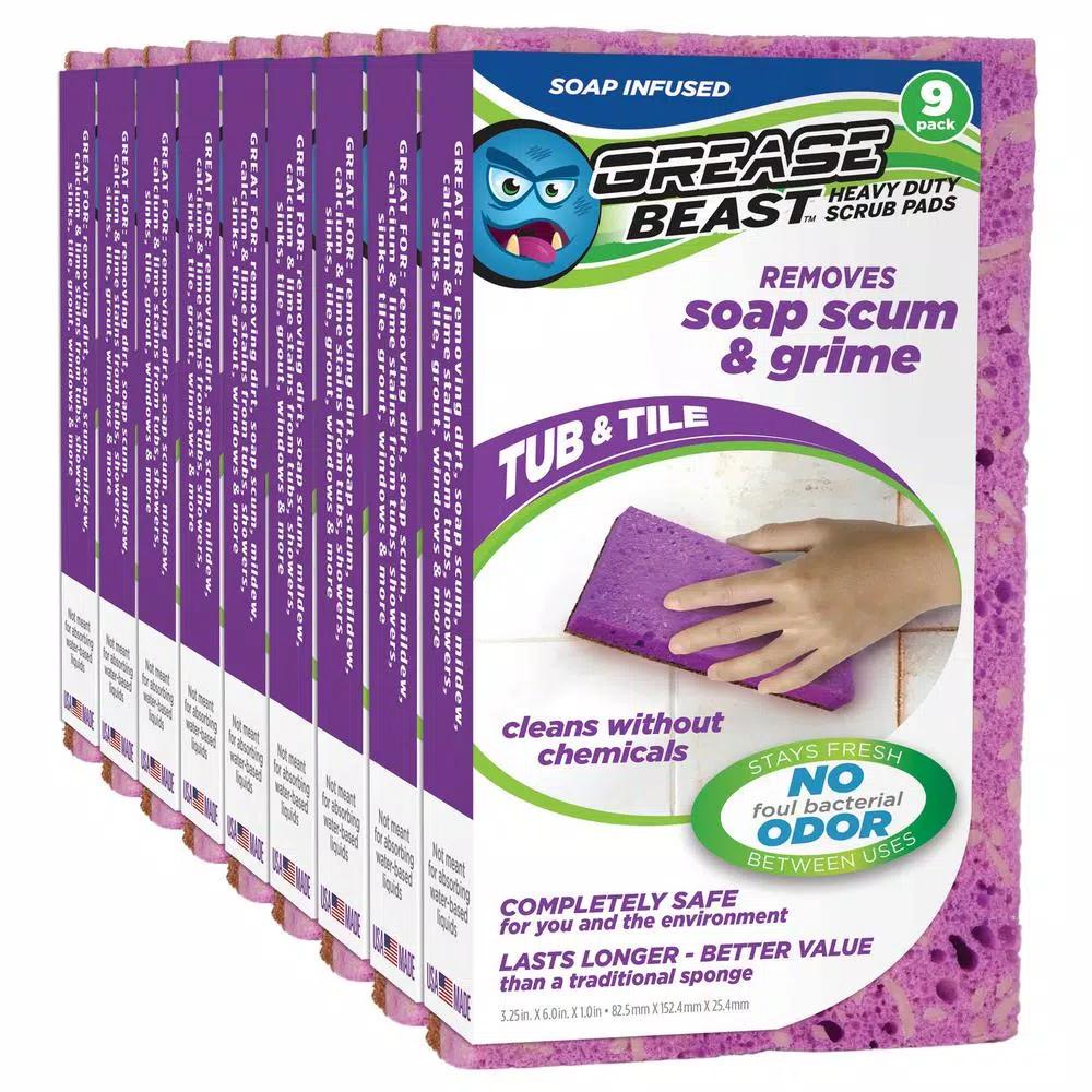 Grease Beast Soap-Infused Heavy-Duty Tub and Tile Scrub Sponge, X-Large, Odor and Bacteria Resistant (9-Pack)