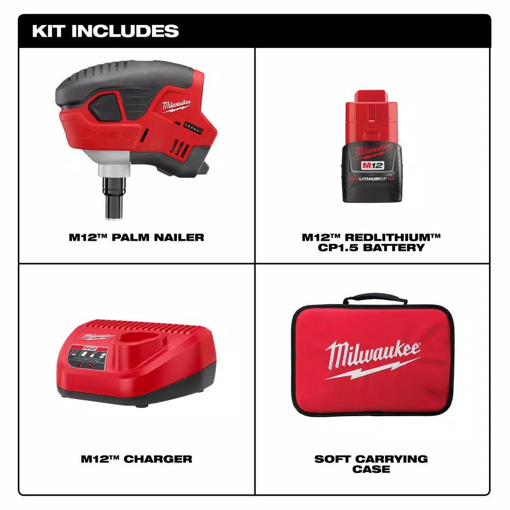 Milwaukee 2458-21 M12 12V Lithium-Ion Cordless Palm Nailer Kit with 1.5Ah Battery, Charger and Bag
