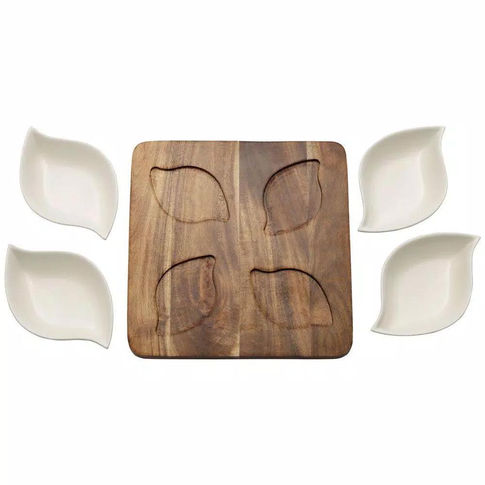 Pfaltzgraff 10 in. 5-Piece Acacia Wood Serving Tray with 4 White Ceramic Bowls
