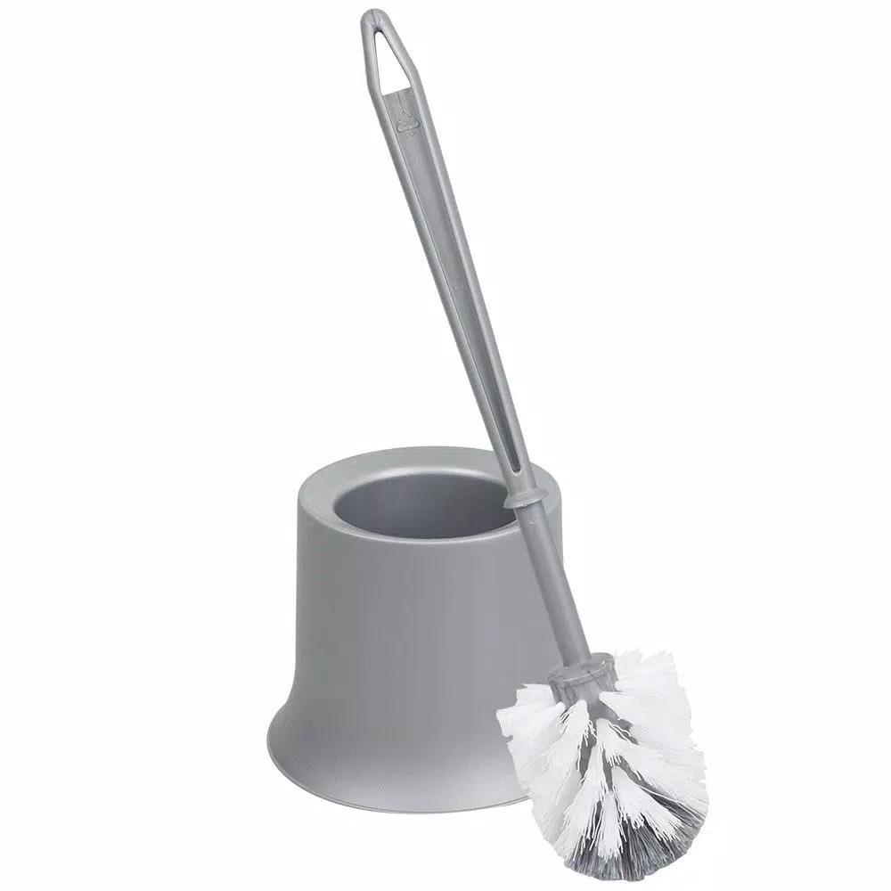 Unbranded Gray Plastic Toilet Brush with Holder, Tapered Nylon Bristles, Compact Design