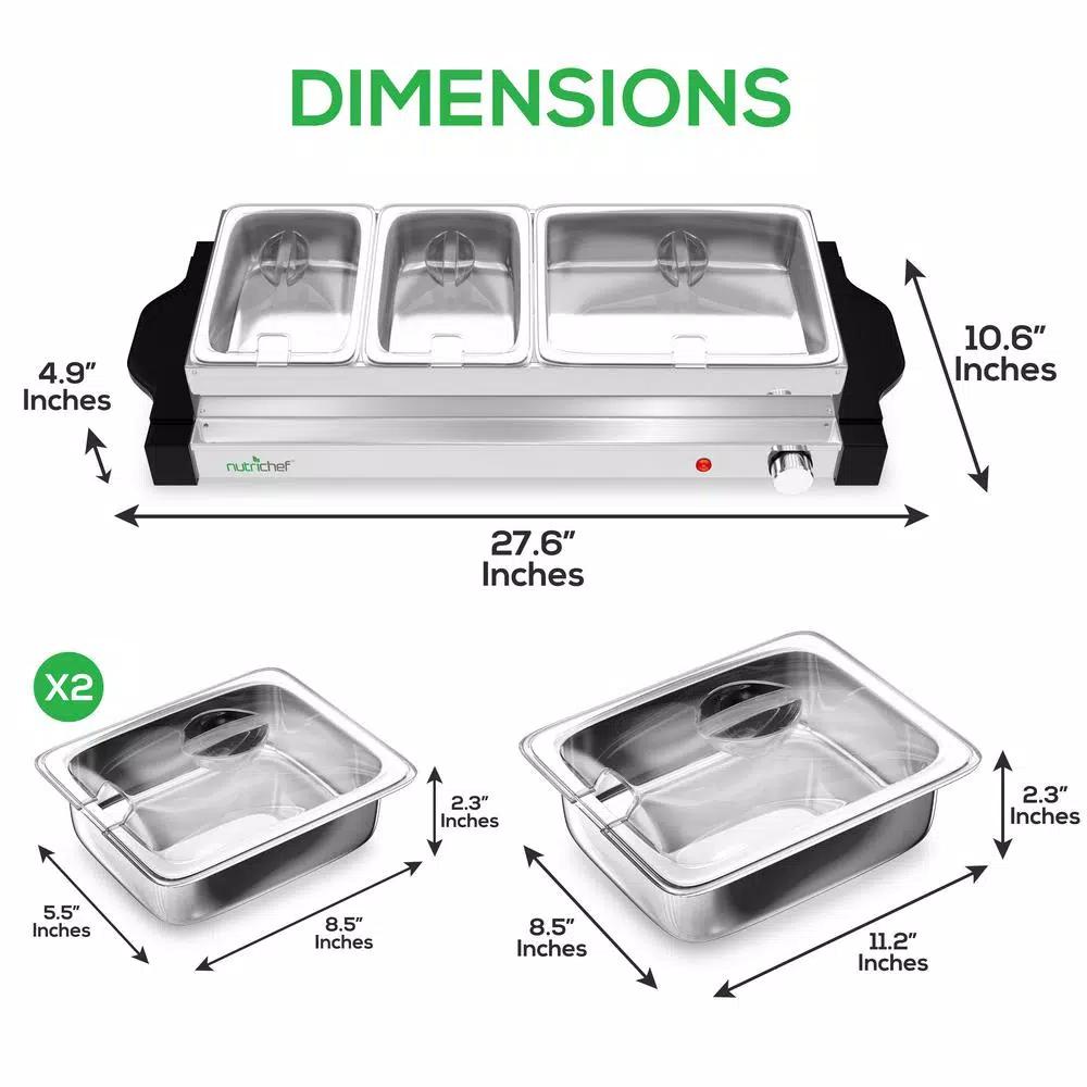 NutriChef 27.6 in. 3-Burner Stainless Steel Electric Buffet Server Food Warming Tray
