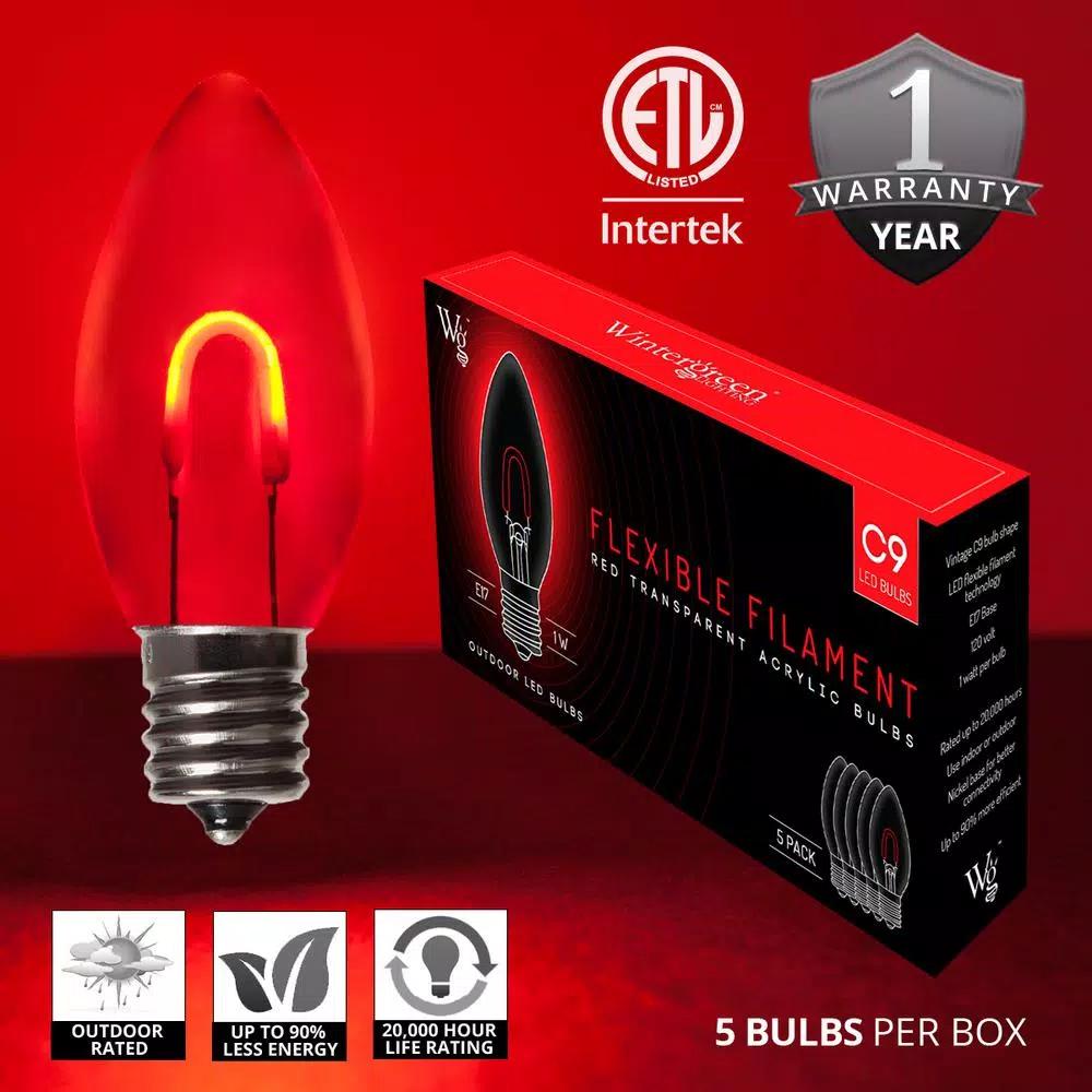Wintergreen Lighting FlexFilament C9 Red LED Vintage Edison Shatterproof Christmas Light Bulbs (5-Pack)