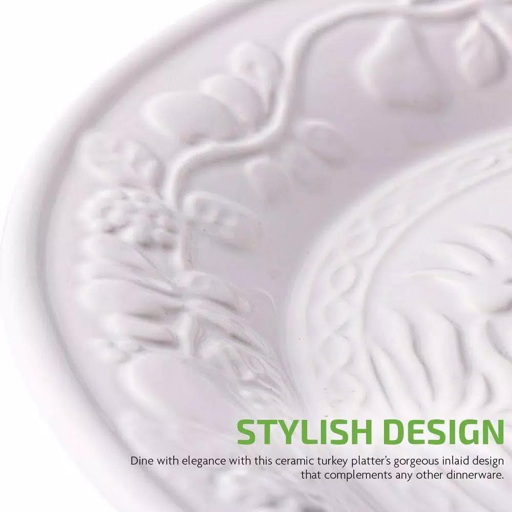 Ovente 13.4 in. White Ceramic Turkey Serving Platter, Oval Holiday Platter