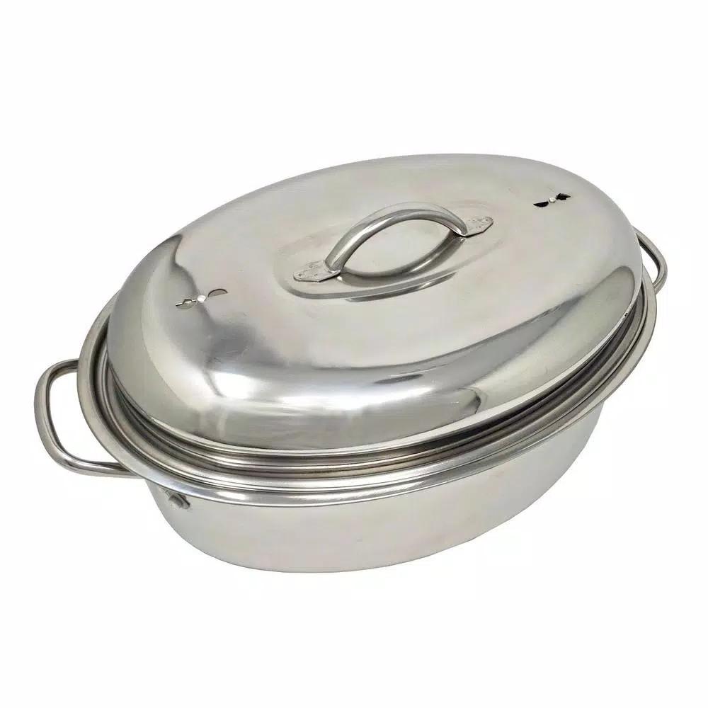 LavoHome Professional Stainless Steel Oval Roaster Set with Induction Lid and Wire Rack, 9.5 Qt
