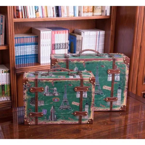 Vintiquewise Set of 2 Vintage-Style World Map Wooden Suitcase Trunks with Leather Straps - Green