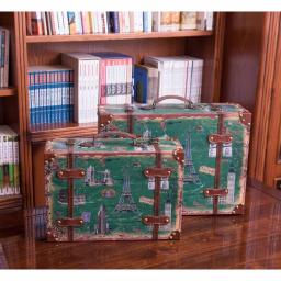 Vintiquewise Set of 2 Vintage-Style World Map Wooden Suitcase Trunks with Leather Straps - Green thumbnail 1