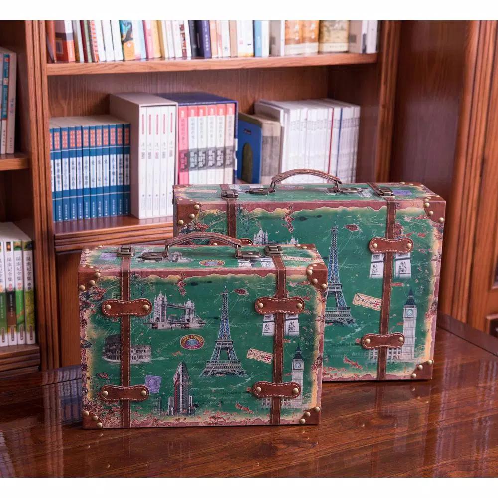 Vintiquewise Set of 2 Vintage-Style World Map Wooden Suitcase Trunks with Leather Straps - Green