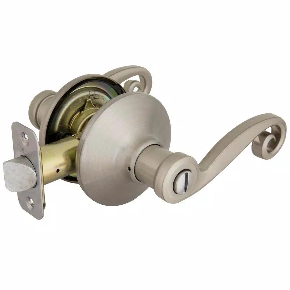 Defiant Scroll Satin Nickel Privacy Lever Set for Bedroom and Bathroom Doors