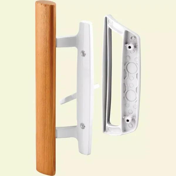 Prime-Line White Diecast Sliding Glass Door Handle Set with Wood Pull, 3-15/16 in. Mortise/Hook Style