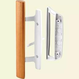 Prime-Line White Diecast Sliding Glass Door Handle Set with Wood Pull, 3-15/16 in. Mortise/Hook Style thumbnail 1