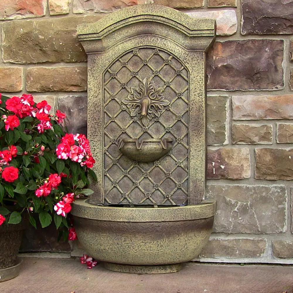 Sunnydaze Decor Rosette Resin Florentine Stone Solar-On-Demand Outdoor Wall Fountain