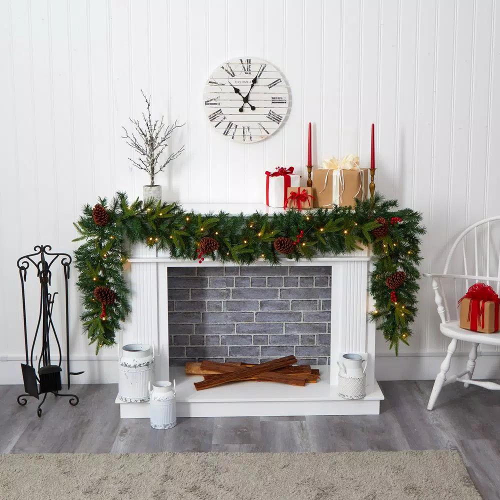 Nearly Natural 9 ft. Pre-lit Mixed Pine Artificial Christmas Garland with 50 LED Lights, Berries & Pinecones