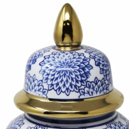 Benjara Blue and White Ceramic Temple Jar with Dahlia Flower Design and Gold Accents thumbnail 2