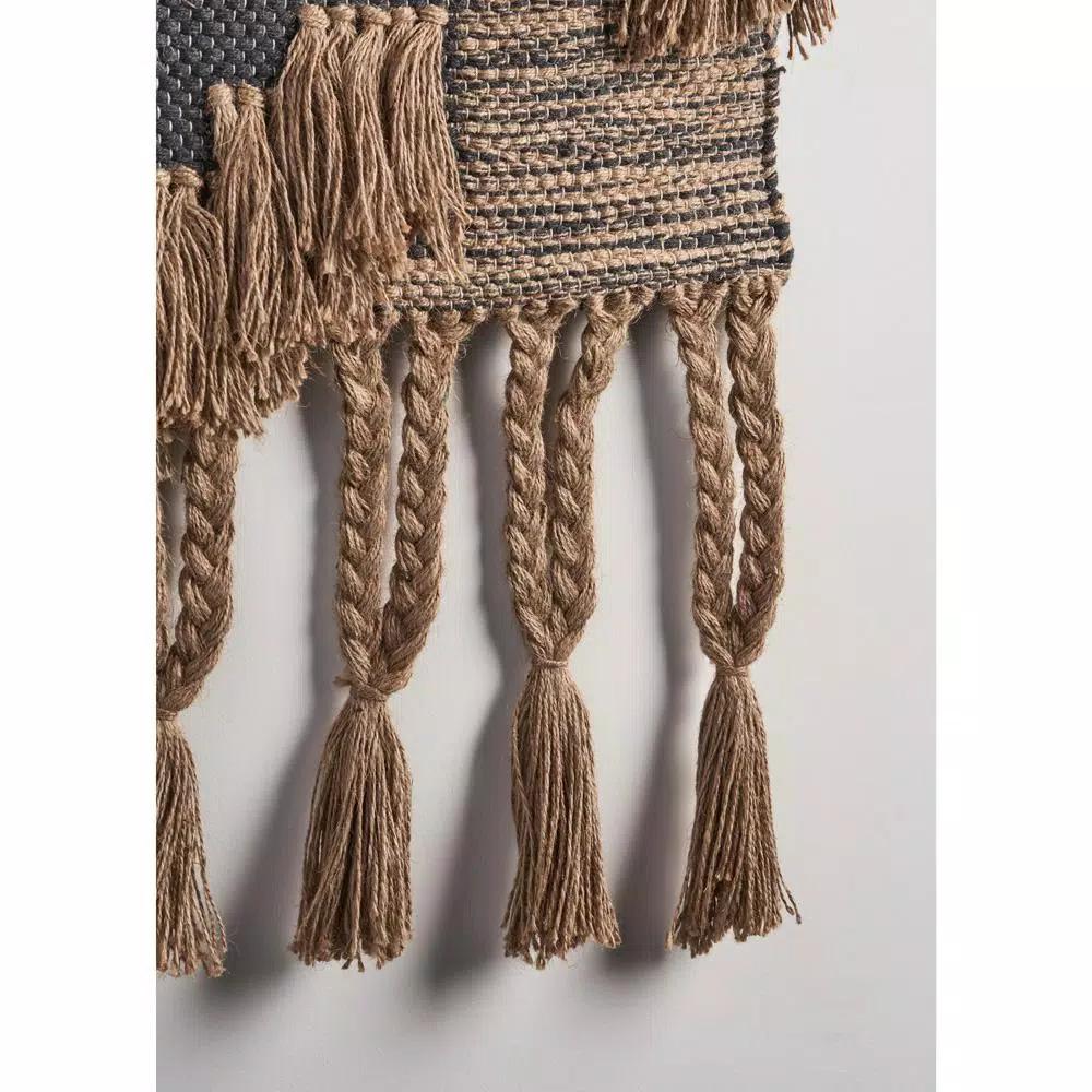 LR Home Rustic Natural and Black Fringed Wall Tapestry - Hand-Loomed Jute and Cotton Wall Hanging