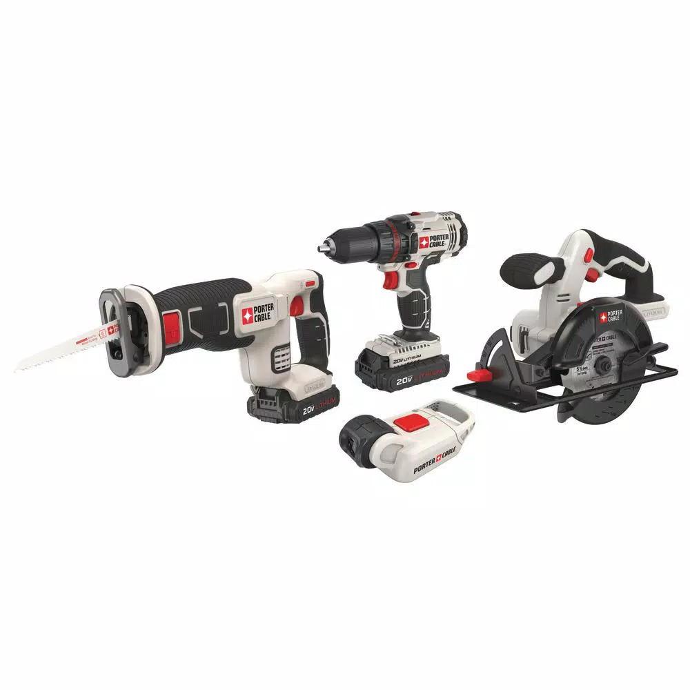 Porter-Cable 20V MAX Lithium-Ion Cordless 4-Tool Combo Kit with Drill, Circular Saw, Reciprocating Saw, and LED Work Light