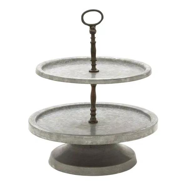 Benzara Modern 2-Tier Metal Serving Tray Stand with Handle, Galvanized Round Trays