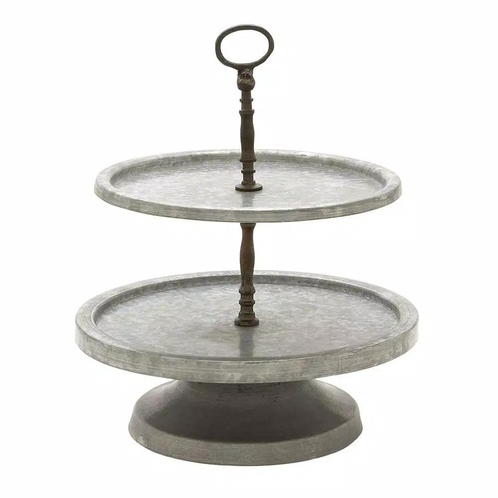 Benzara Modern 2-Tier Metal Serving Tray Stand with Handle, Galvanized Round Trays
