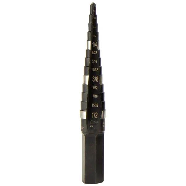Klein Tools 1/8 in. to 1/2 in. High Speed Steel Double-Fluted Step Drill Bit with 3/8 in. Hex Shank