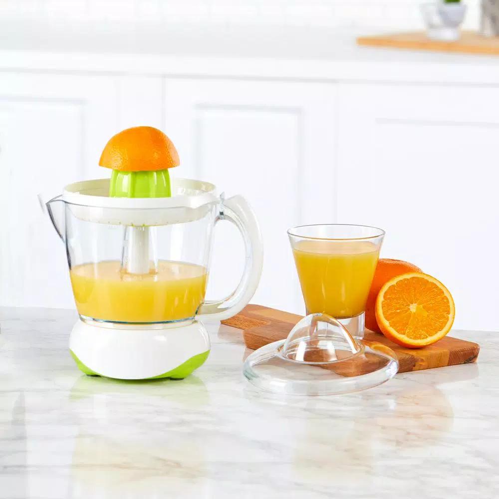 Continental Electric 40W Electric Citrus Juicer, 24 oz. White/Green Juicer with Dust Cover and Easy Pour Spout