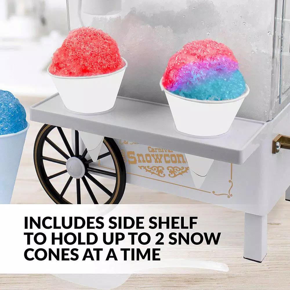 Nostalgia 160 oz. Countertop Snow Cone Maker with Stainless Steel Blades and Reusable Cones - White