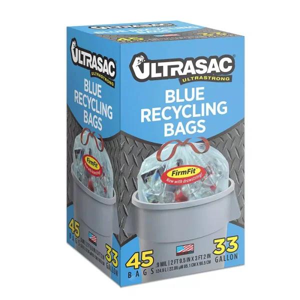 Ultrasac 33 Gallon Blue Drawstring Recycling Bags, 0.9 Mil, 45-Count