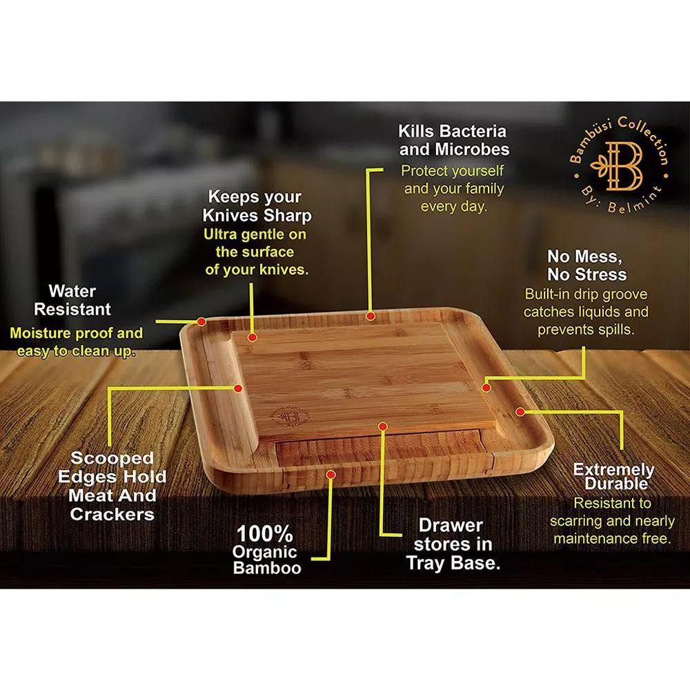 Bambusi Bambsi Bamboo Cheese Board and Cutlery Set with Slide Out Drawer and 4 Utensils