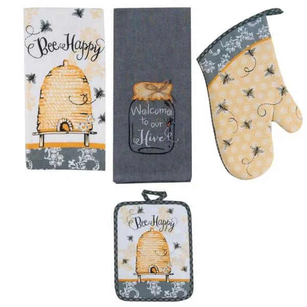 Kay Dee Queen Bee Yellow Cotton Kitchen Textile Set - 4 Piece Set