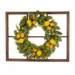 Glitzhome 28 in. Wooden Window Frame with 22 in. Greenery Lemon Wreath Decor thumbnail 1