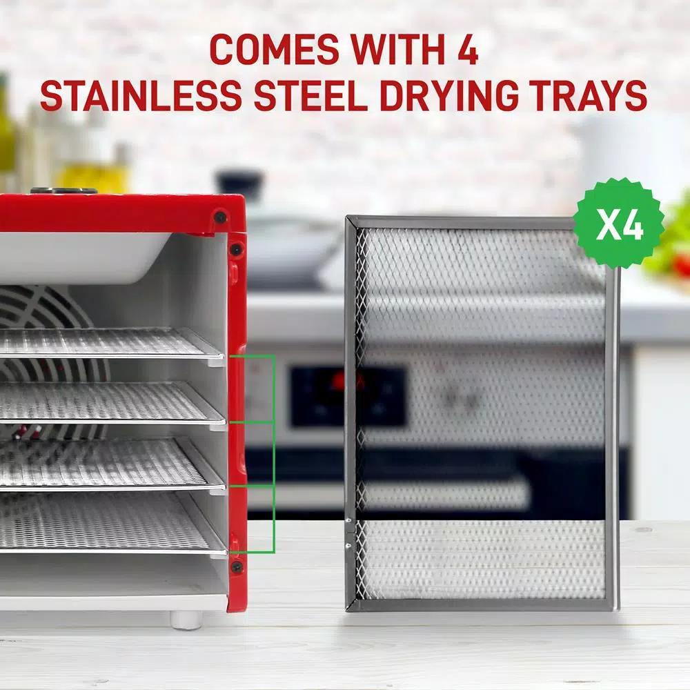 NutriChef 4-Tray Food Dehydrator Machine, 350W with Digital Timer and Temperature Control, Red