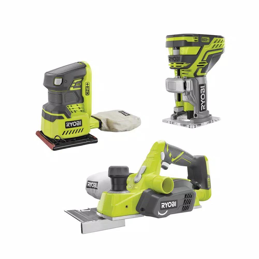 RYOBI 18V ONE+ 3-1/4 in. Planer, 1/4 Sheet Sander, and Fixed Base Trim Router Combo Kit (Tools Only)