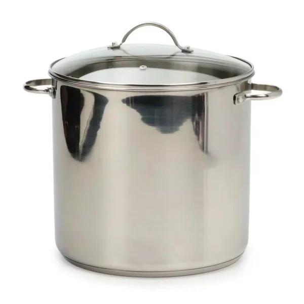RSVP International Endurance 16 Qt. Stainless Steel Stock Pot with Tempered Glass Lid, Induction Safe