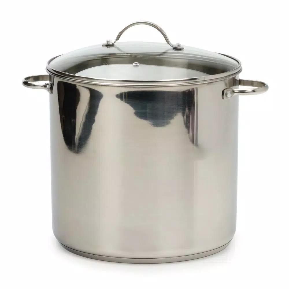 RSVP International Endurance 16 Qt. Stainless Steel Stock Pot with Tempered Glass Lid, Induction Safe