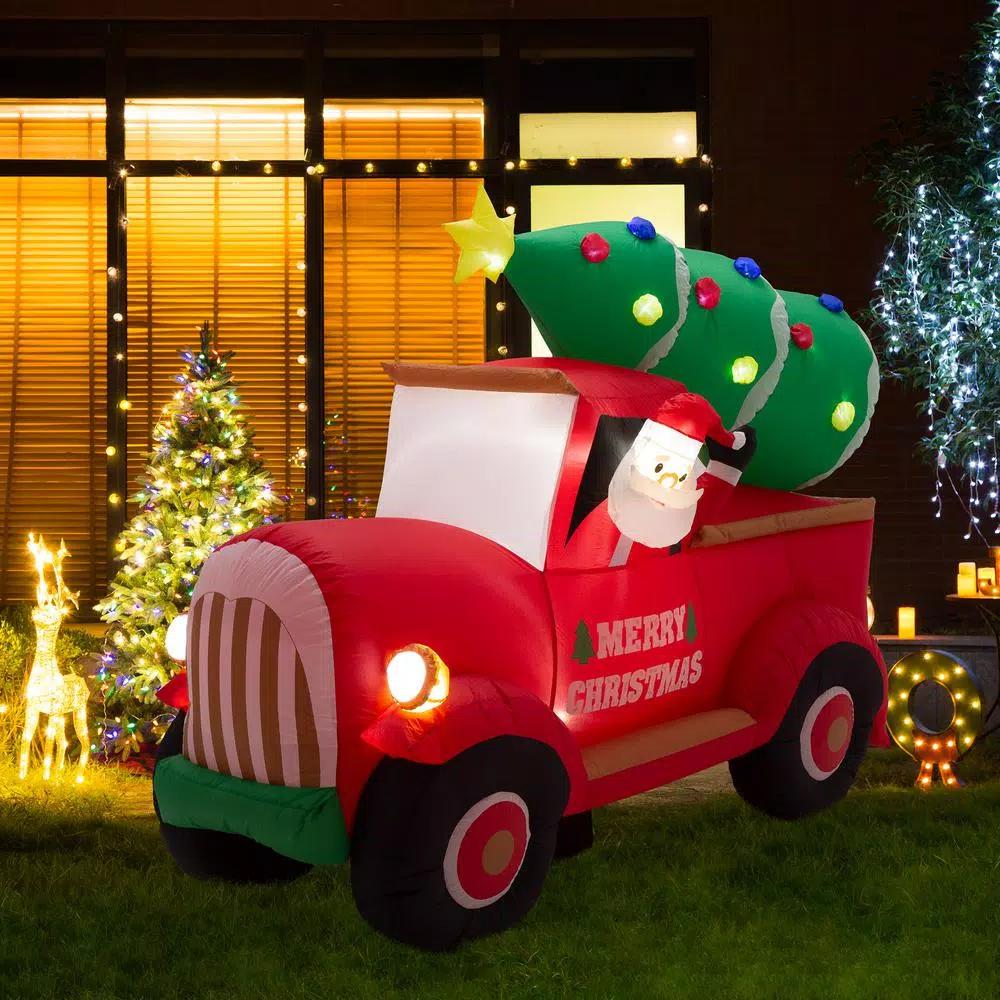 Glitzhome 7 ft. Santa Claus on Pick Up Truck Inflatable Christmas Decor with LED Lights