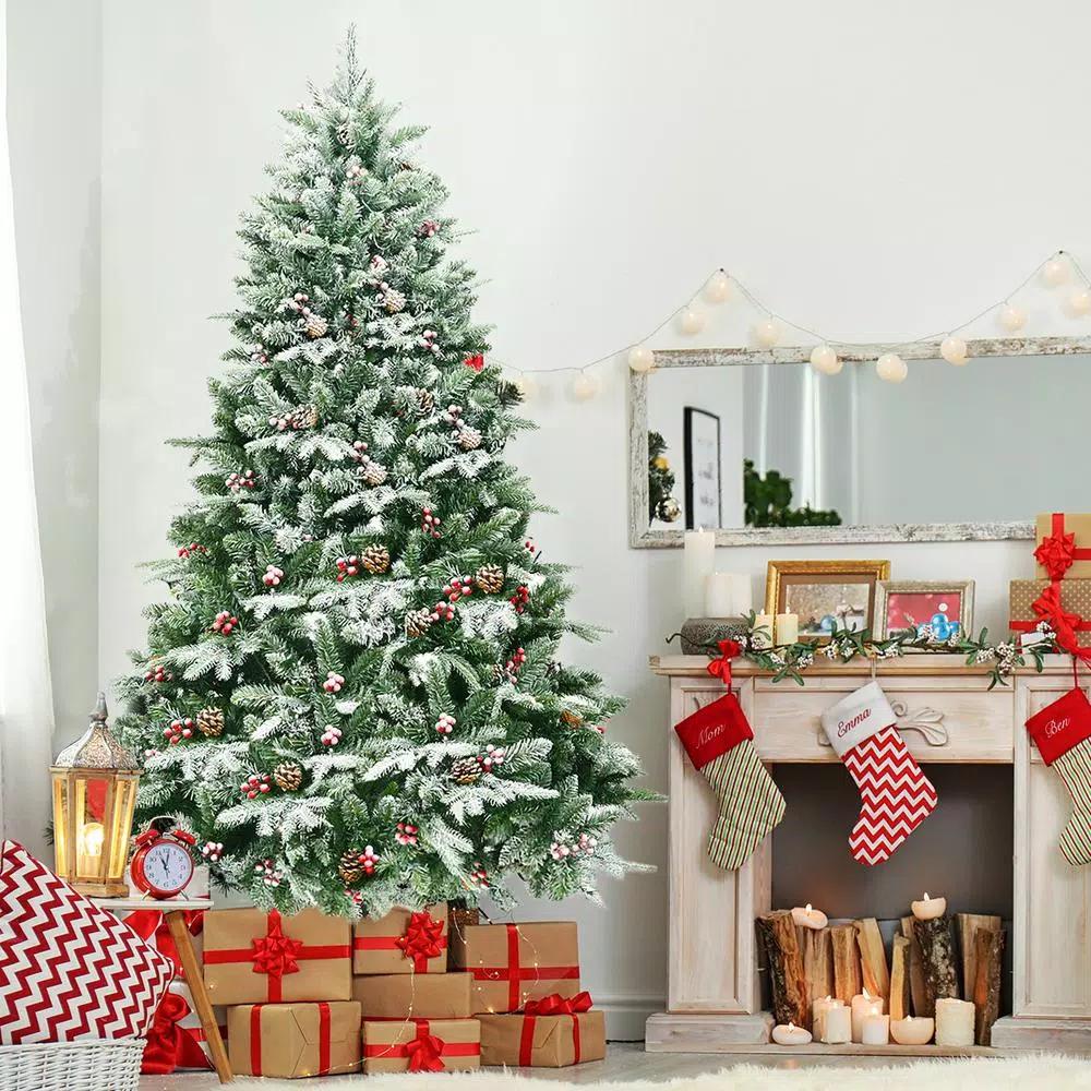 Costway 6.5 ft. Pre-Lit Slim Fraser Fir Artificial Christmas Tree with 450 Warm White LED Lights and Snow Flocking