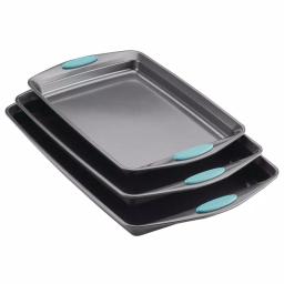 Rachael Ray 3-Piece Nonstick Steel Cookie Pan Set with Agave Blue Silicone Grips, Gray thumbnail 1