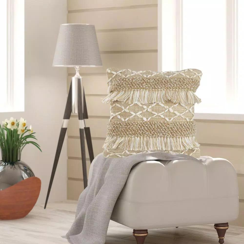 LR Home 20 in. x 20 in. Rustic Beige and White Geometric Fringe Throw Pillow