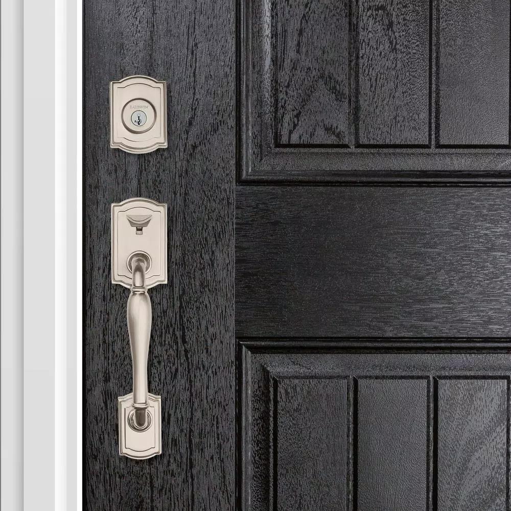 Baldwin Prestige Wesley Single Cylinder Satin Nickel Handleset with Arch Rose Carnaby Knob and SmartKey Security