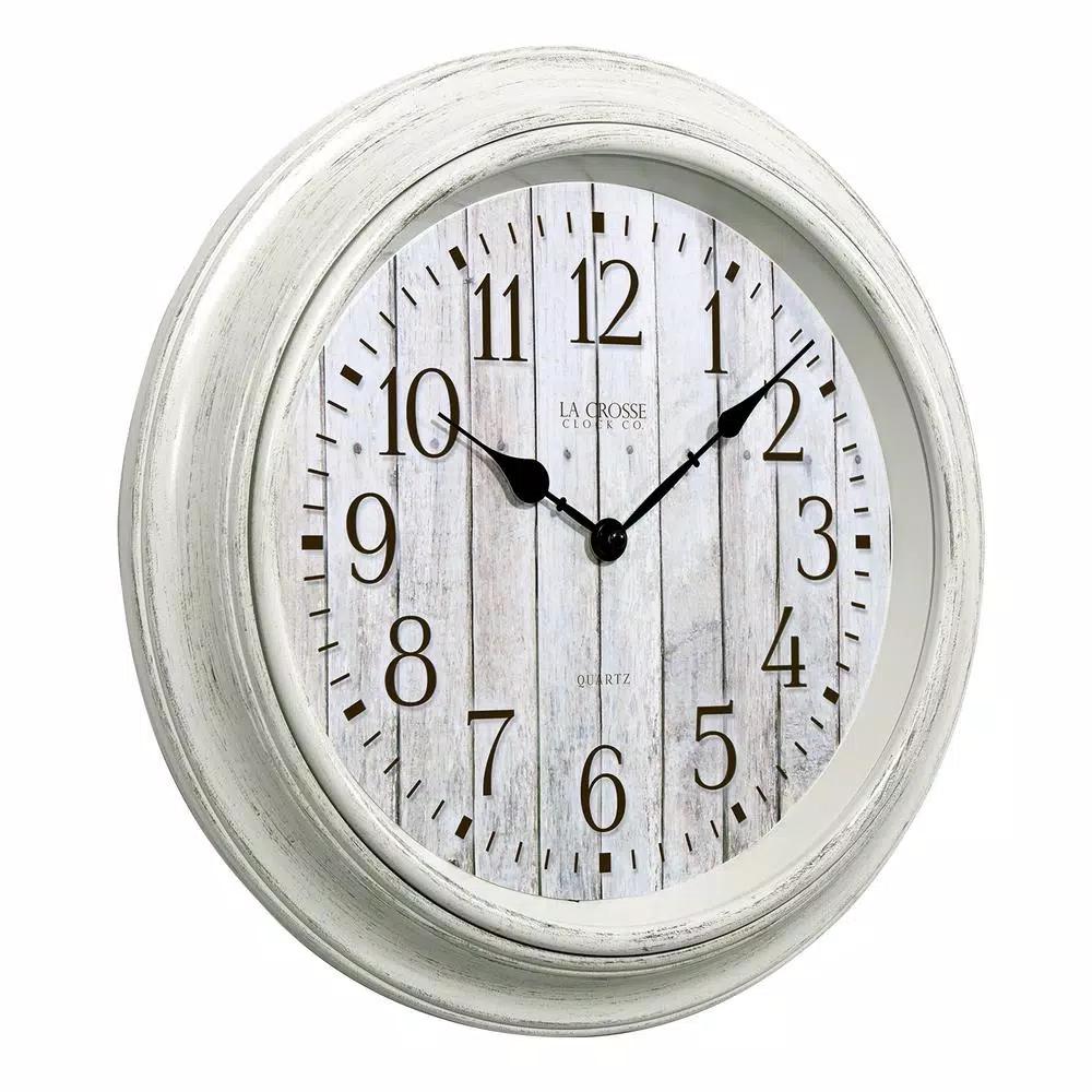 La Crosse Technology 14 in. Round White Distressed Barn Wood Style Wall Clock with Quartz Movement
